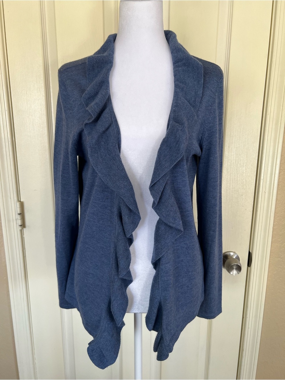 Talbots Pure Italian Merino Wool Blue Ruffle Open Front Cardigan Medium